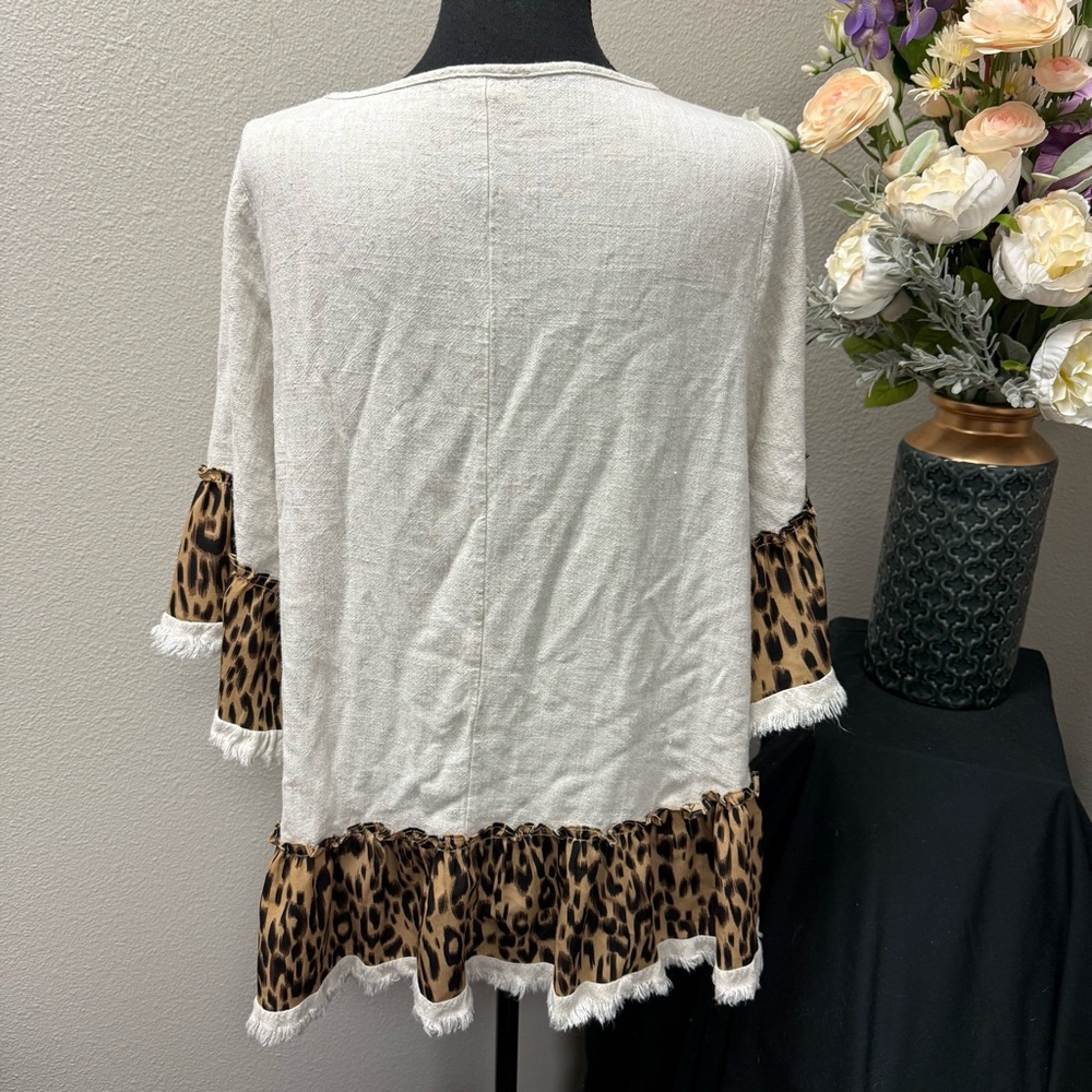 Umgee USA Leopard Print Ruffle Hem Tunic Top Large | Boho Fall Winter Blouse - Picture 4 of 9
